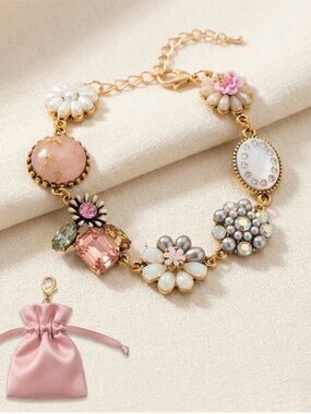 Vintage Inspired/Gold-Tone Pink Floral Crystal Bracelet
